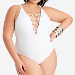 YMI White Lace Up One-Piece Swimsuit, Large